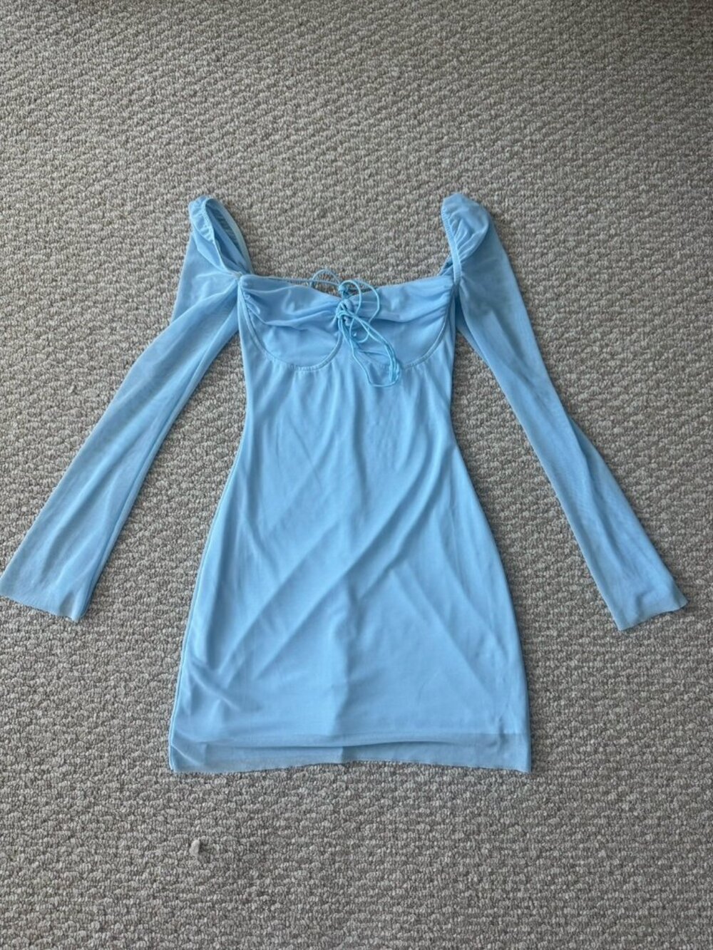 Light Blue Mesh Off-Shoulder Mini Dress with Tie Front